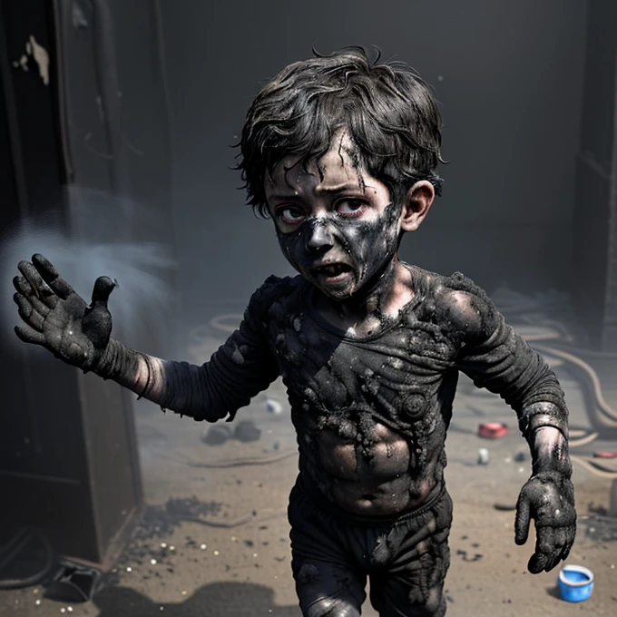 A small boy is caught in an explosion and is left covered in soot and in tatters.