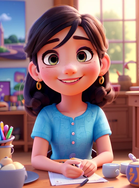a happy disney pixar style family portrait, detailed faces, beautiful detailed eyes, beautiful detailed lips, extremely detailed eyes and face, long eyelashes, cute , smiling, vibrant colors, soft lighting, cinematic, masterpiece, (best quality,4k,8k,highres,masterpiece:1.2),ultra-detailed,(realistic,photorealistic,photo-realistic:1.37),HDR,UHD,studio lighting,ultra-fine painting,sharp focus,physically-based rendering,extreme detail description,professional,vivid colors,bokeh