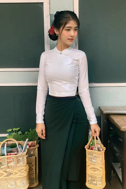 A school teacher is 30years old.Tall, thin, big hips, big breasts, black hair, small lips, brown eyes, attractive, K.Top=white Burmese blouse,With long sleeves,Buttoned at the side.Bottom=(Dark green) long skirt.
Footwear=female Burmese sandals,The hair is knotted bun.