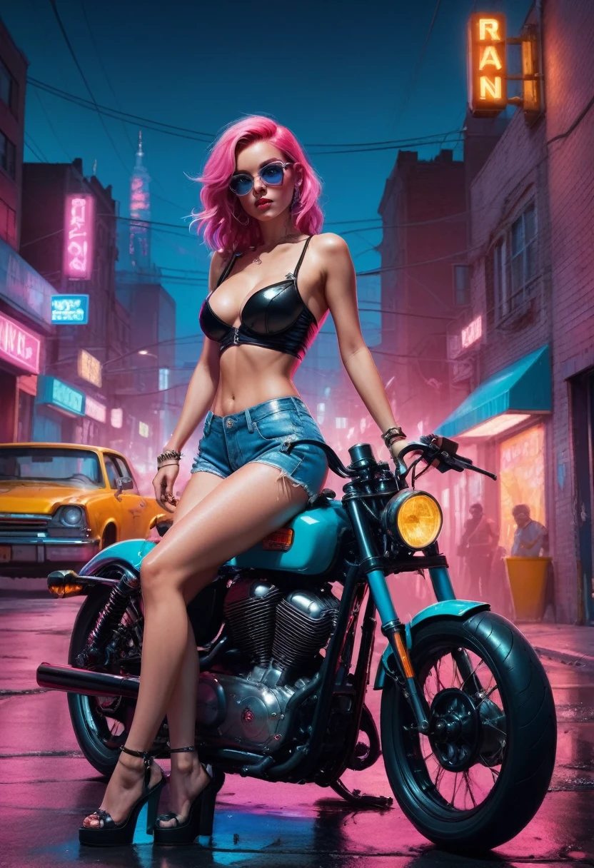 Mean Girl, a mean girl, (Hipster bad pin-up girl with shorts:1.2), chopper bike, chilling, neon punk city background, 8k, concept art, by Greg Rutkowski, (perfect anatomy:1.5) , high contrast, digital, clear focus, cinematic, intricate details, darkly comedic,