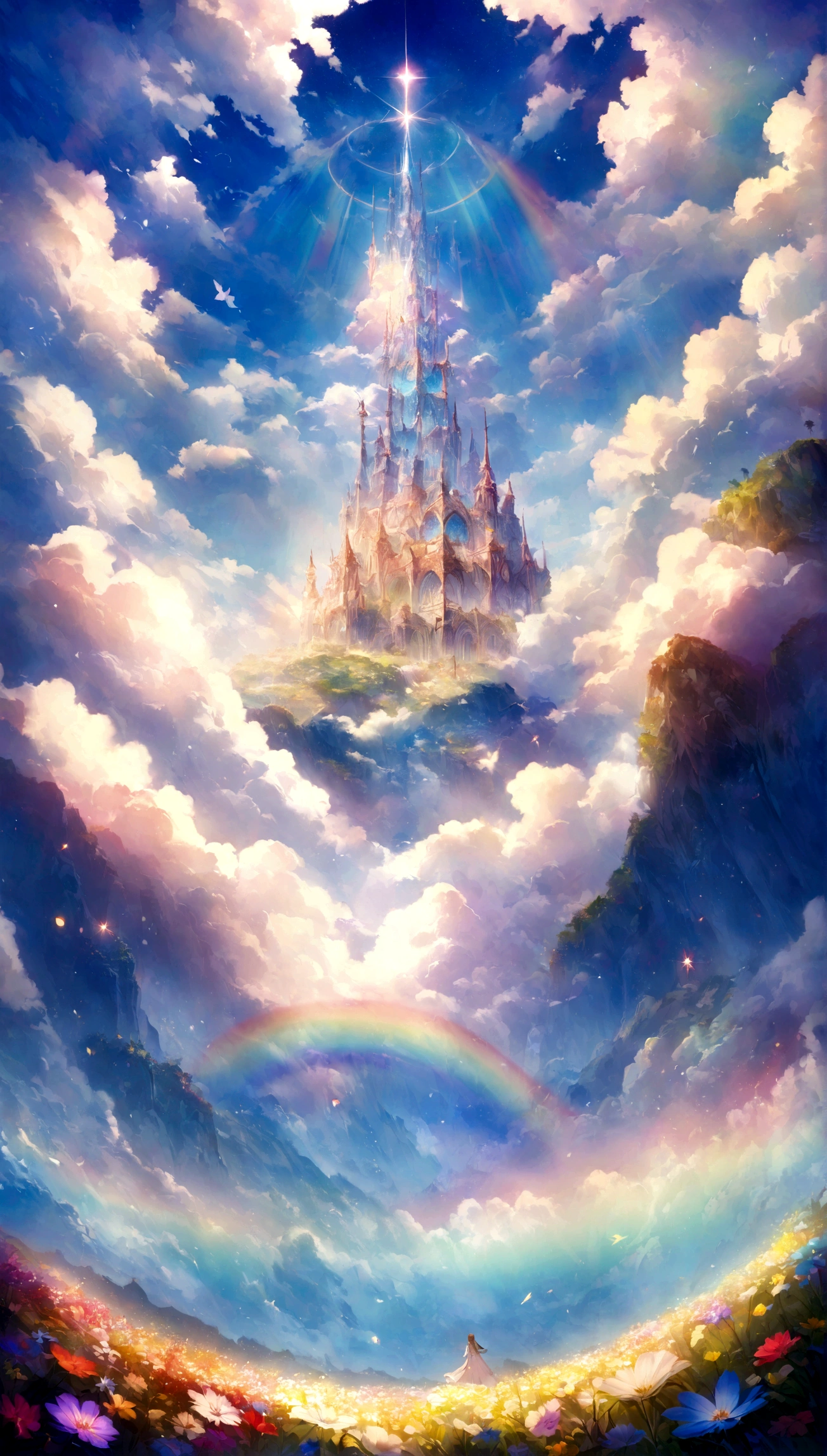The world of Final Fantasy, a rainbow-colored flower field with no one around, each petal a rainbow color, an extremely beautiful scenery, a world of light, heaven, a world of gods, the most beautiful images, the highest quality, 8K.No people needed