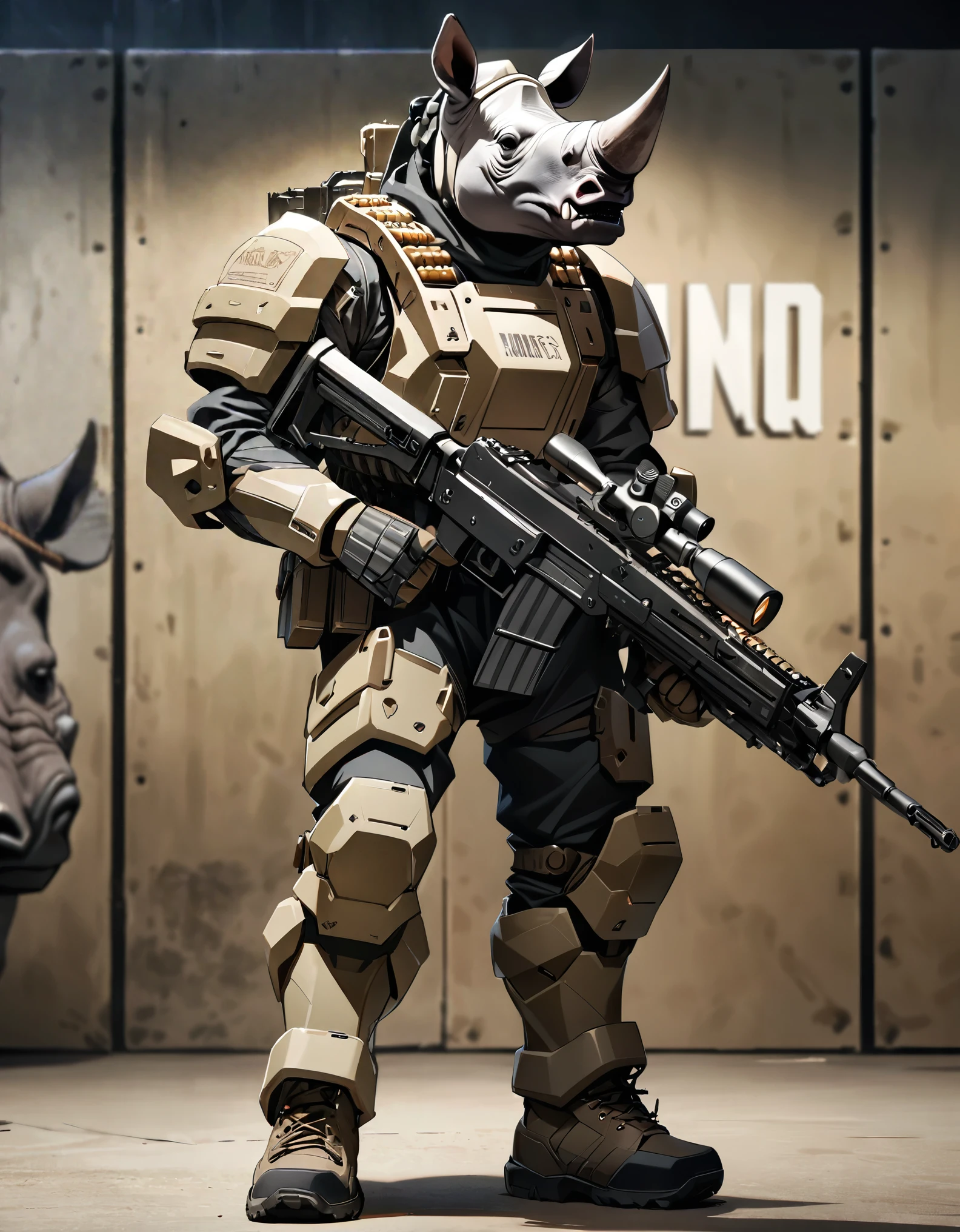 masterpiece, best quality, male focus, Solo, single, humanoid, rhino, rhino's head, armored suit, ammunition belt, holding a machine gun, m249, holding a gun, standing, smug, combat boots, bank backdrop, bank robber, mutant, no humans