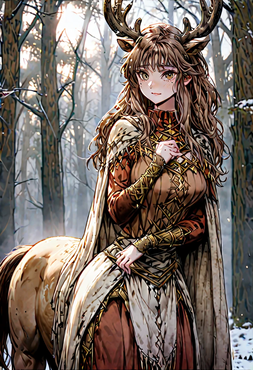 Solo, female, sfw, medium shot, brown hair, long hair, wild hair, deer antlers, huge woman, brown eyes, cape, winter, forest, freckles, shy smile, shy pose, ((deertaur)), deer centaur, villager clothes, medieval, deer body, deer lower body