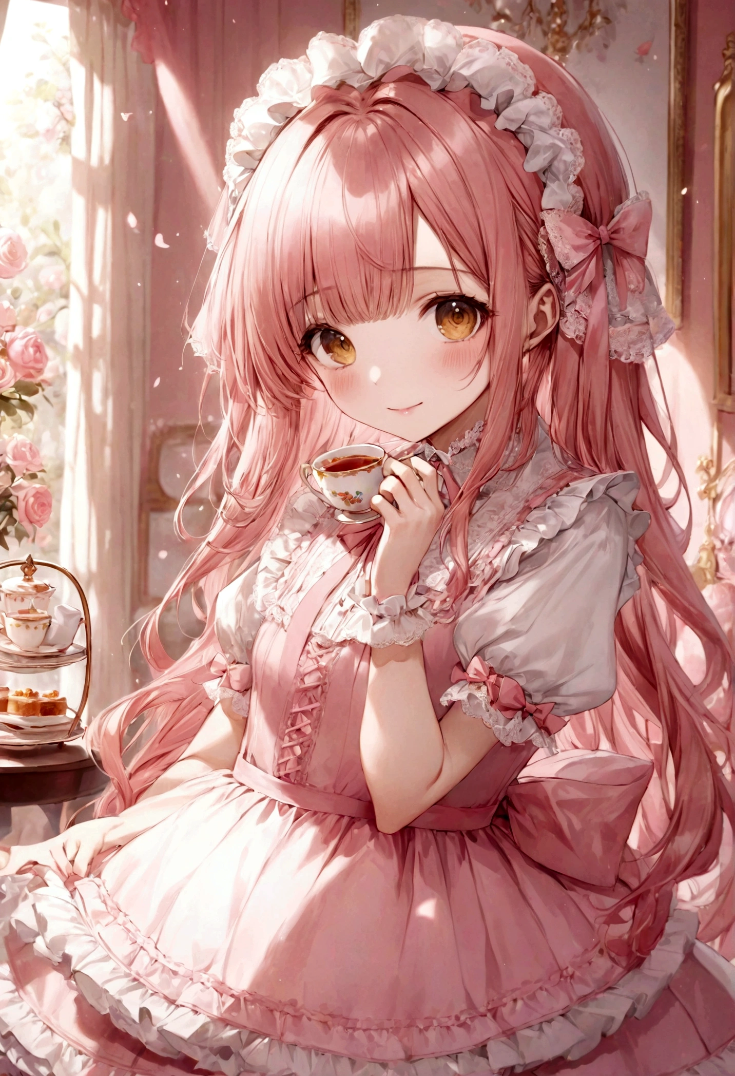 ((top-quality)), ((masterpiece)), ((ultra-detailliert)), (extremely delicate and beautiful), peach pink hair, long straight hair, golden eyes, cute woman, wearing pink lolita dress, lolita dress with lace, cute smile, pink sash bows, tea party background