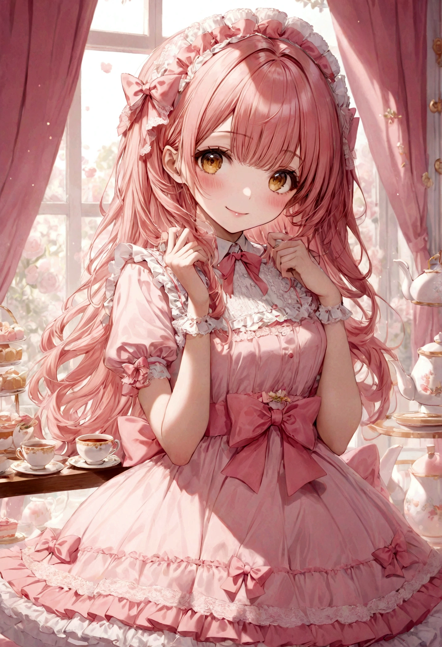 ((top-quality)), ((masterpiece)), ((ultra-detailliert)), (extremely delicate and beautiful), peach pink hair, long straight hair, golden eyes, cute woman, wearing pink lolita dress, lolita dress with lace, cute smile, pink sash bows, tea party background