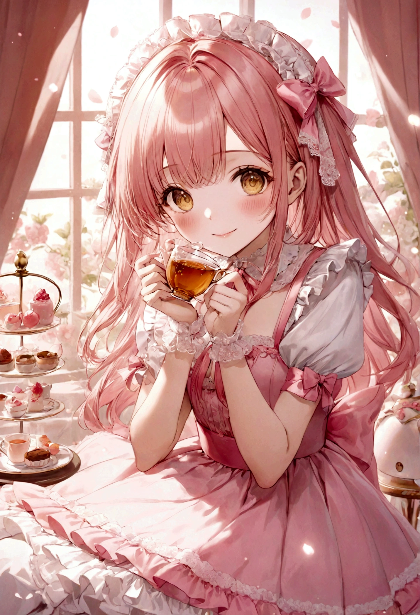 ((top-quality)), ((​masterpiece)), ((ultra-detailliert)), (extremely delicate and beautiful), peach pink hair, long straight hair, golden eyes, cute woman, wearing pink lolita dress, lolita dress with lace, cute smile, pink sash bows, tea party background