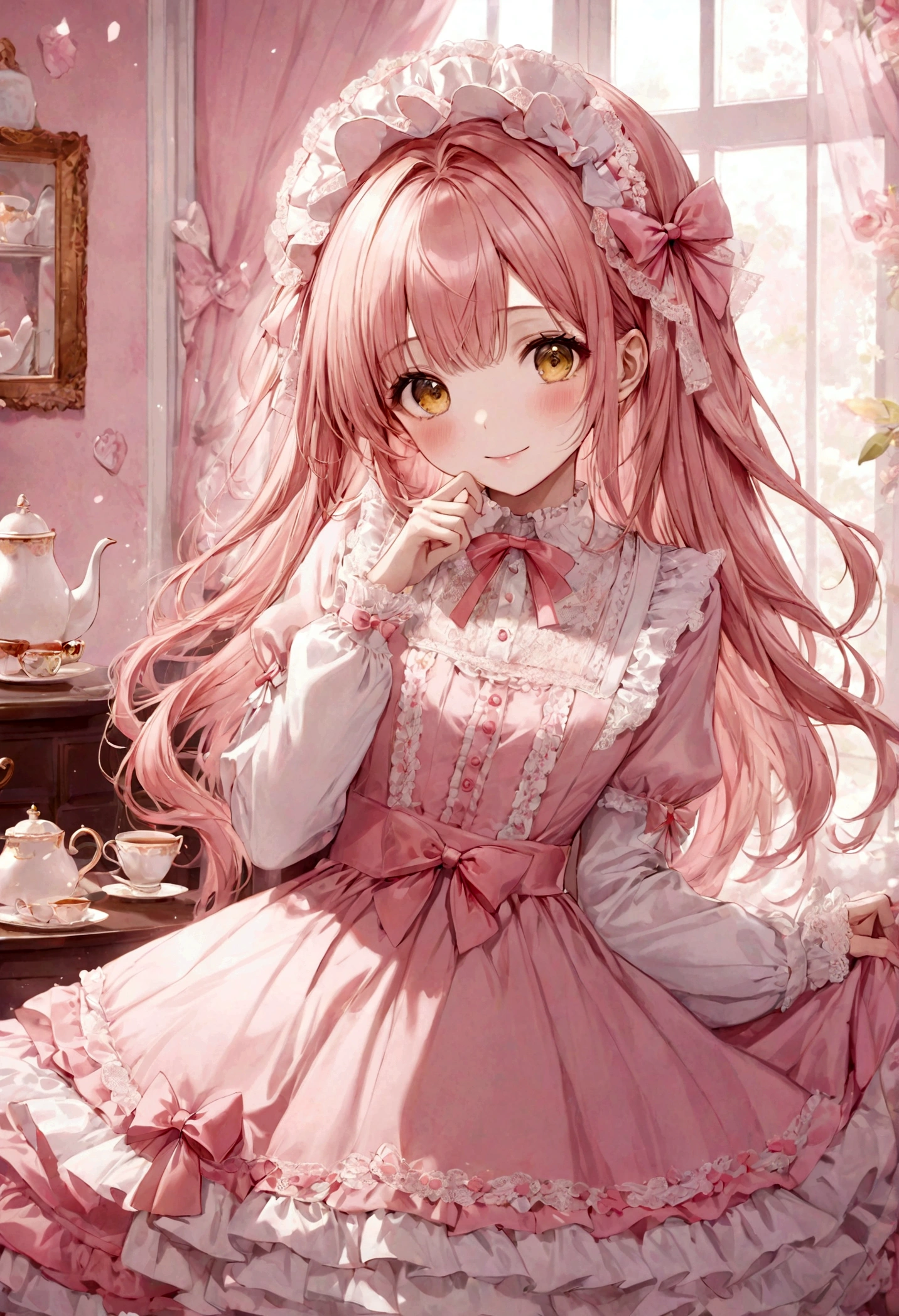 ((top-quality)), ((masterpiece)), ((ultra-detailliert)), (extremely delicate and beautiful), peach pink hair, long straight hair, golden eyes, cute woman, wearing pink ta dress, loliress with lace, cute smile, pink sash bows, tea party background
