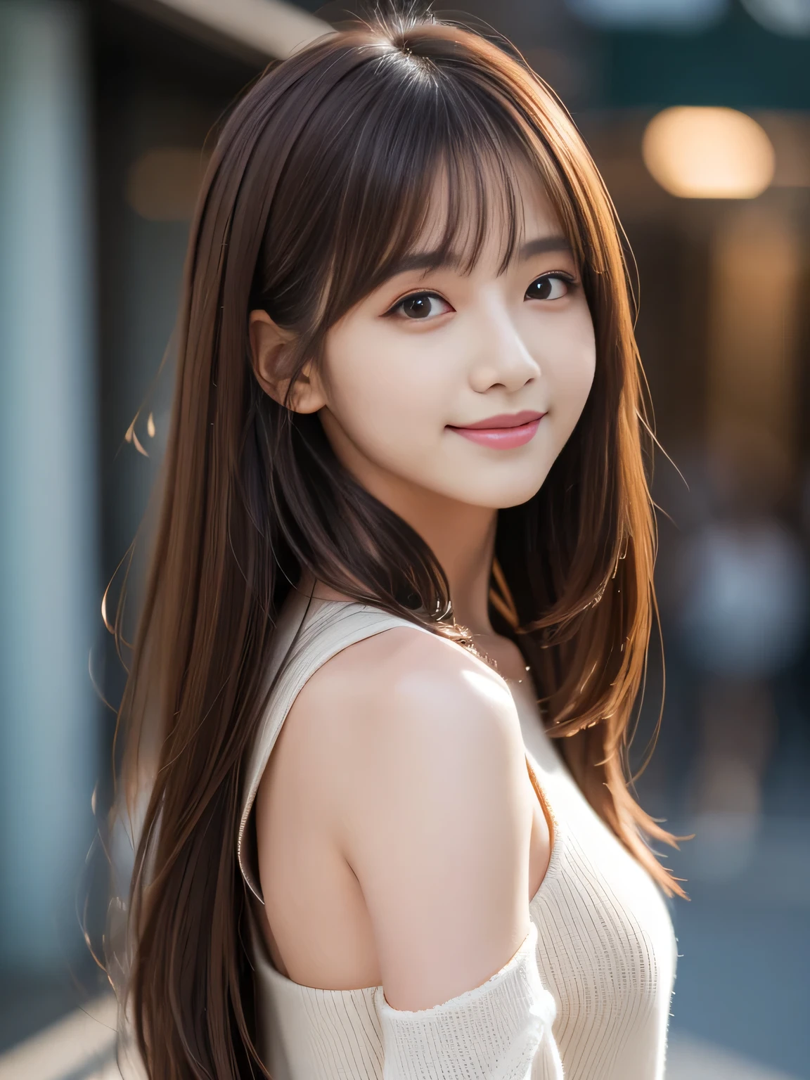 Ultra High Definition, Superior Quality, Premier Quality, ultra detailed, Photorealistic, 8k, RAW Photos, highest quality, masterpiece, Attractive girl, Stunning girl, Impish Smile, Brown Hair, Shoulder Length Layered, asymmetrical bangs, K-pop Idol, Sophisticated girl, Black knit, Shibuya,