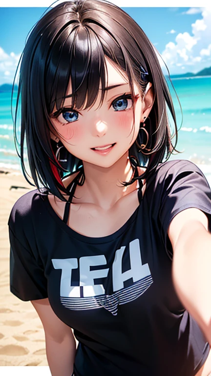 A girl is posing for a photo,pretty girl,Enchanting girl,Anime Girls,
(((One Girl,Baby Face,))),
BREAK 

((白 T-shirt 赤 bikini:1.5))、(silver earrings)、
BREAK 

((Black Hair:1.4、青 colored inner hair、Less hair、Shortcuts:1.4)),(Drooping eyes,blue eyes),(Small breasts),
BREAK 

(Beautiful Hair,Shiny Hair),
(Expression of fine eyes,Beautiful and delicate eyes,Sparkling eyes,Eye Reflexes),
(double eyelid,Long eyelashes),
(Beautiful Nose,Thin Nose),
(Glossy lips,Beautiful Lips,Thick lips),
(Symmetrical facial featurfect Face),(((Detailed skin,Oily skin,Textured skin,Beautiful Skin))),
break 

(grin、Open your mouth wide、LOL),
((noon、Beach1.4、sunlight)),((Are standing、Spread your hands:1.4、Beach ball、Dynamic Pose)),
break 

(((highest quality)),((masterpiece)),((Very detailed))),((High resolution),(8k),(16k,1080p),(Anime 2D Rendering)),(Anatomically correct),
((Realistic)), (The best CG),Highly detailed art,CG illustration,

