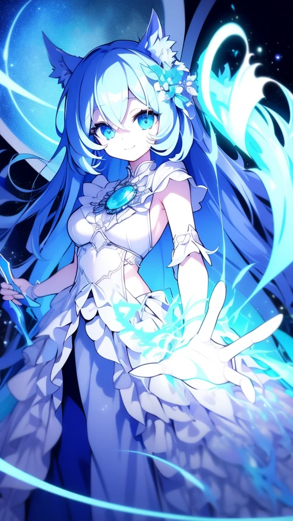 Girl, K HD, 4K, expressionless, anime style, blue eyes, white hair, ((full body)), puzzled eyes, (deformer character) Masterpiece, highest quality, ultra-definition, 4K, ultra-definition illustration, high resolution Beautiful face and eyes , light blue color scheme, lighting, fantasy, solemn atmosphere, long hair, waving hair, smile, fighting posture, dynamic pose, particle light, luminescence, plasma, electric current, blue flame, sense of depth, dynamic angle,