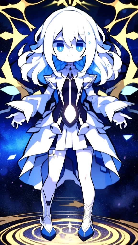 Girl, K HD, 4K, expressionless, anime style, blue eyes, white hair, ((full body)), puzzled eyes, (deformer character) Masterpiece, highest quality, ultra-definition, 4K, ultra-definition illustration, high resolution Beautiful face and eyes , light blue color scheme, lighting, fantasy, solemn atmosphere, long hair, waving hair, smile, fighting posture, dynamic pose, particle light, luminescence, plasma, electric current, blue flame, sense of depth, dynamic angle,