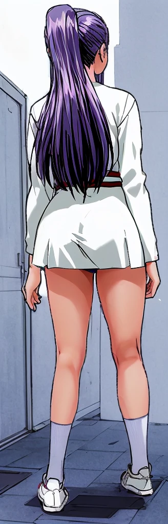 Momoko Koigakubo, a tall girl with beautiful legs, stands in a white gym suit and a pair of light-colored navy blue bloomers that look like panties.。Angle from behind。