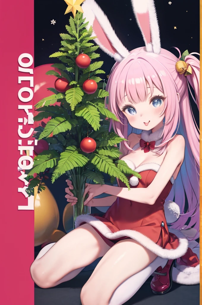 highest quality、Chibi、One Girl、Santa Clausガール、Santa Claus、Laughter、tongue、Stick out the tongue、Open your mouth wide and look inside your mouth、cute、cute eyes、Big eyes、cheek、lip、(((Bunny ears)))、((Colorful Hair))、Santa clothes、huge 、Cleavage、Micro Mini Skirt、Watercolor style、Christmas tree and foundation、