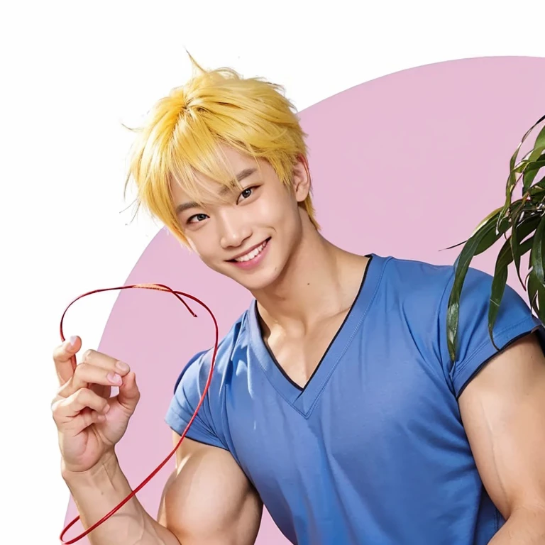 man,muscle,yellow hair,yellow eye,asian face,smile,tan skin