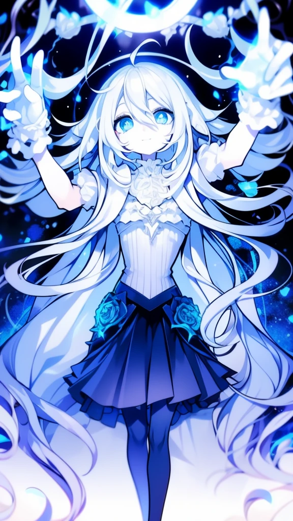 Girl, K HD, 4K, expressionless, anime style, blue eyes, white hair, ((full body)), puzzled eyes, (deformer character) Masterpiece, highest quality, ultra-definition, 4K, ultra-definition illustration, high resolution Beautiful face and eyes , light blue color scheme, lighting, fantasy, solemn atmosphere, long hair, waving hair, smile, fighting posture, dynamic pose, particle light, luminescence, plasma, electric current, blue flame, sense of depth, dynamic angle,