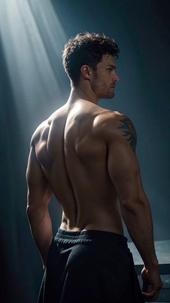 Jamie dornan as a muscular monk with a Chinese dragon tattoo on his back, looking over his shoulder, hyperrealistic, highly detailed, dramatic lighting, cinematic composition, realistic skin texture, powerful, intimidating, mystical, spiritual, fantasy