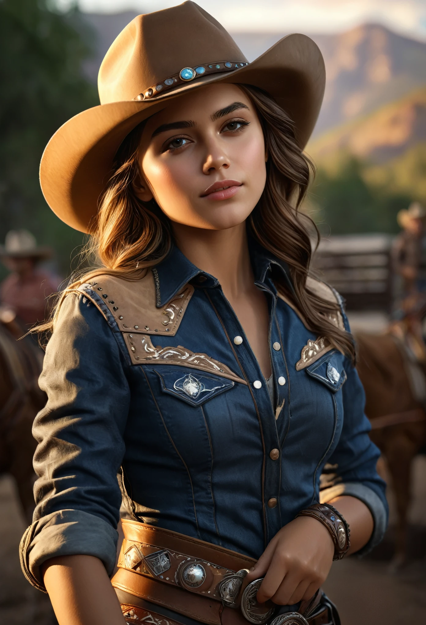 (best quality,4k,8k,highres,masterpiece:1.2),ultra-detailed,(realistic,photorealistic,photo-realistic:1.37), a beautiful young girl wearing a highly realistic western cowgirl outfit, fantasy art, photorealistic, dynamic lighting, artstation, extremely detailed face, 4k, award-winning, (best quality,4k,8k,highres,masterpiece:1.2),ultra-detailed,(realistic,photorealistic,photo-realistic:1.37),intricate details,dramatic pose,cinematic composition,vibrant colors,natural skin tones,glowing highlights,atmospheric lighting,depth of field,volumetric lighting