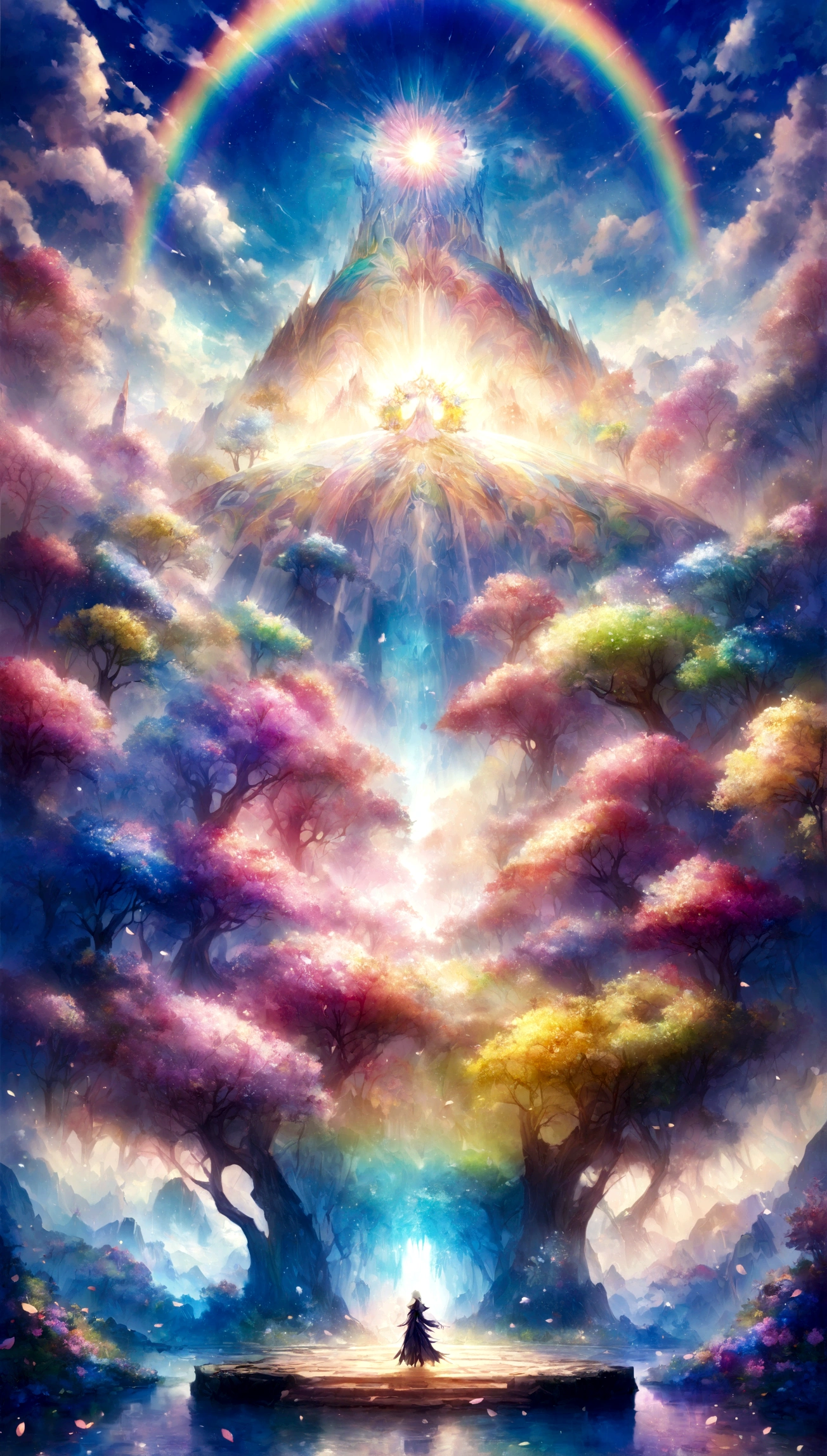 The world of Final Fantasy, a rainbow-colored flower field with no one around, each petal a rainbow color, an extremely beautiful scenery, a world of light, heaven, a world of gods, the most beautiful images, the highest quality, 8K.No people needed