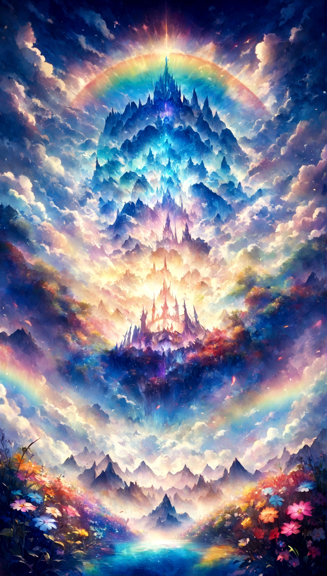 The world of Final Fantasy, a rainbow-colored flower field with no one around, each petal a rainbow color, an extremely beautiful scenery, a world of light, heaven, a world of gods, the most beautiful images, the highest quality, 8K.No people needed