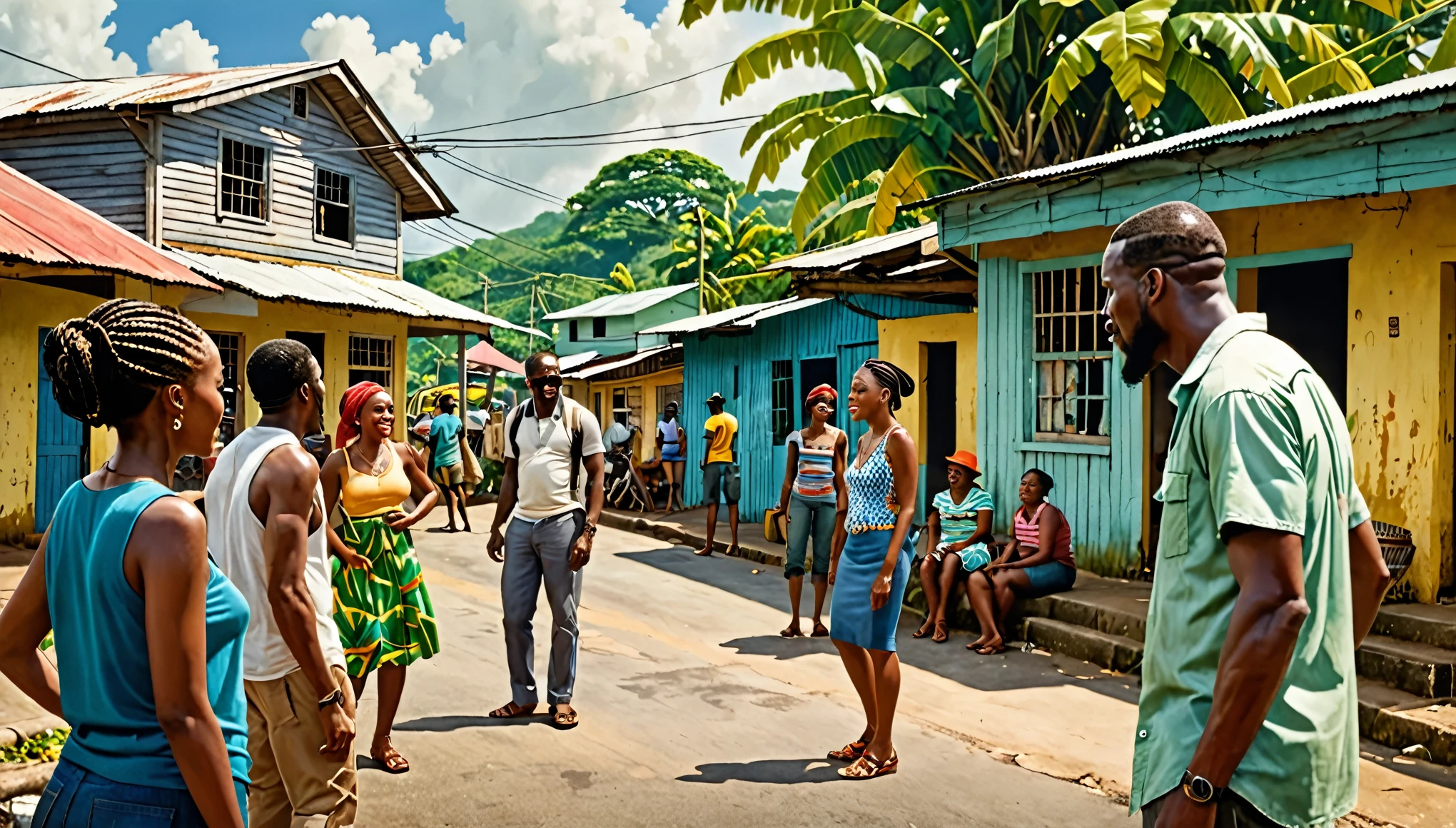 Scene: high quality, 8k, a jamaican town, different people talking and having funWatercolor, trending on artstation, sharp focus, studio photo, intricate details, highly detailed, by greg rutkowski, Watercolor, trending on artstation, sharp focus, studio photo, intricate details, highly detailed, by greg rutkowski, Watercolor, trending on artstation, sharp focus, studio photo, intricate details, highly detailed, by greg rutkowski