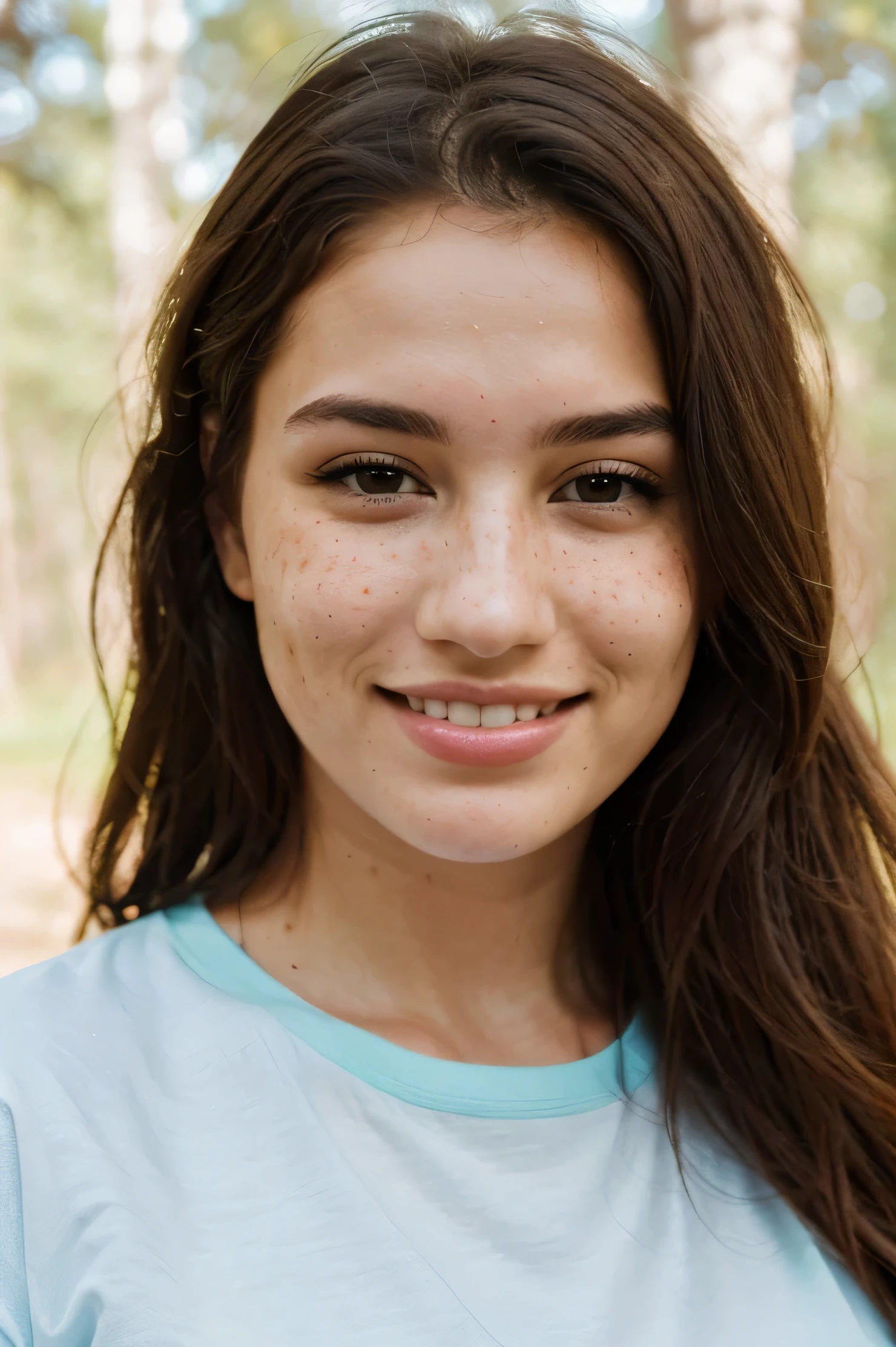 (8k, highest quality, ultra detailed:1.37, freckles:0.8, face image), 20yo, a forest in the distance in the background, super realistic detailed eyes, a stylish Palestinian women, modest, wearing a long t-shirt, attractive smile, close range picture, white teeth, showcases her unique fashion sense in a trendy setting. The high-resolution image captures ultra-detailed realism, highlighting confident pose, captivating eyes, and flawless complexion.