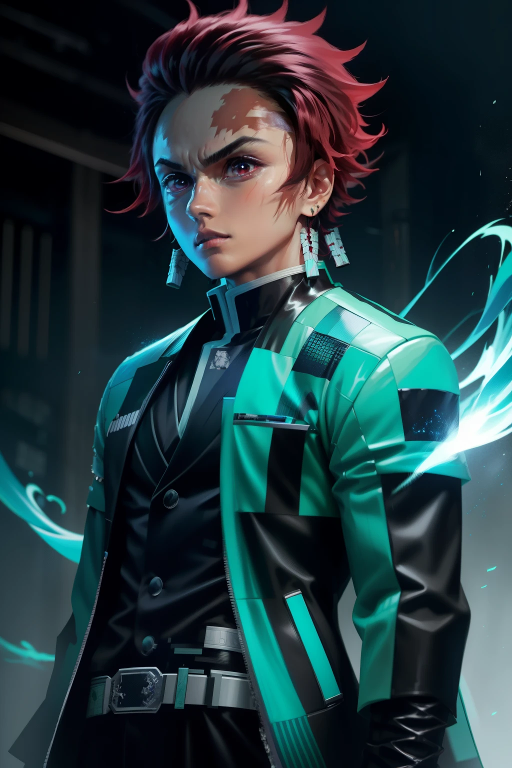 tanjiro wearing light green cyberpunk jacket, blue sword, blue fire and aura around him, cyberpunk theme, 4k, ultra sharp.Handsome face.red hair.glowing eyes