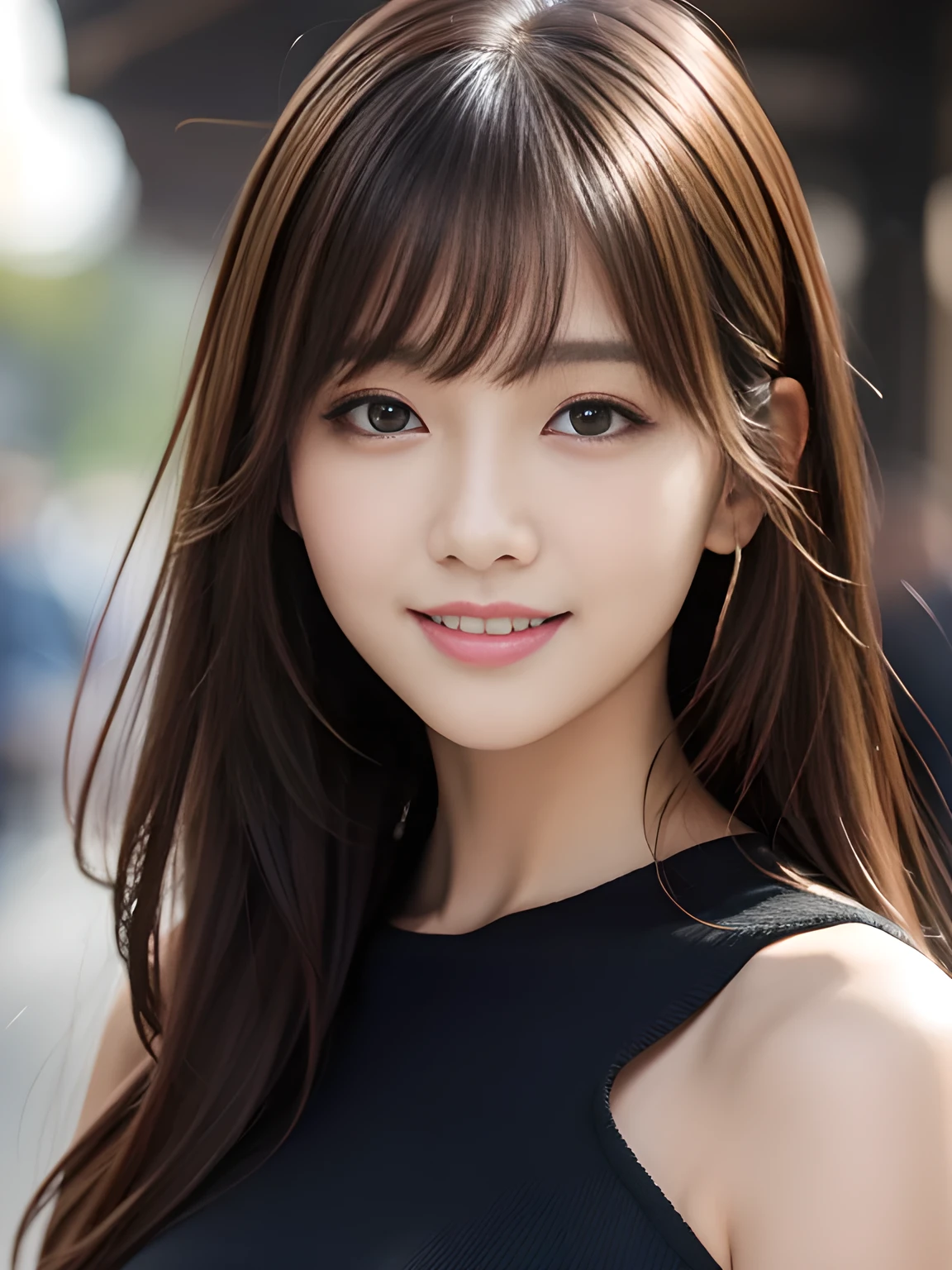 Ultra High Definition, Superior Quality, Premier Quality, ultra detailed, Photorealistic, 8k, RAW Photos, highest quality, masterpiece, Attractive girl, Stunning girl, Impish Smile, Brown Hair, Shoulder Length Layered, asymmetrical bangs, K-pop Idol, Sophisticated girl, Black knit, Shibuya,