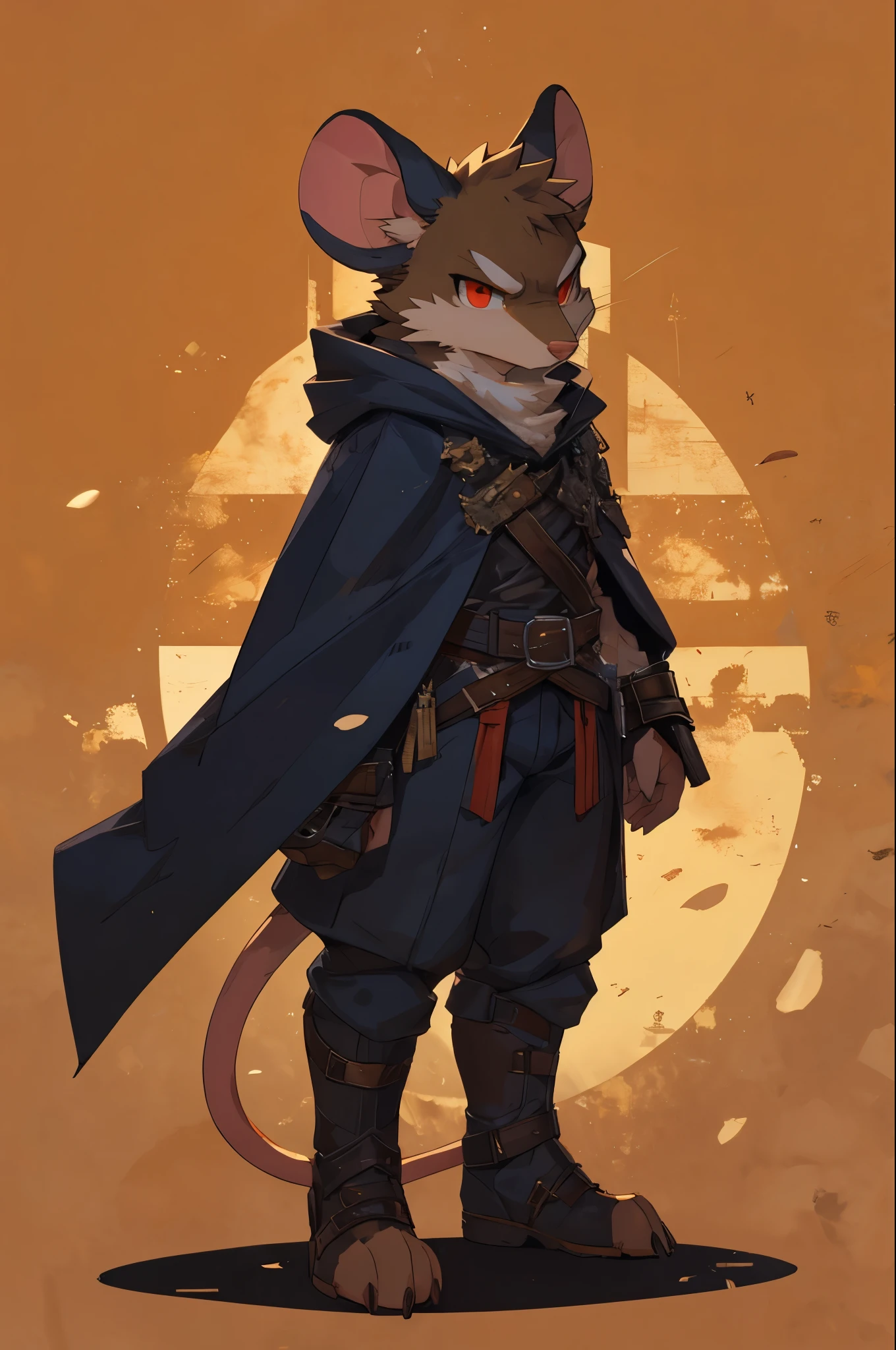 score_9, score_8_up, score_7_up, score_6_up, score_5_up, score_4_up, show accurate, full body, hungry body, simple background, (solo), (semi anthro), mouse, female mouse, fur body, ultra fine fur, standing, red eyes, (light brown dull fur), determined look, black color open cape, arm guard with leather strips, thief appearance,