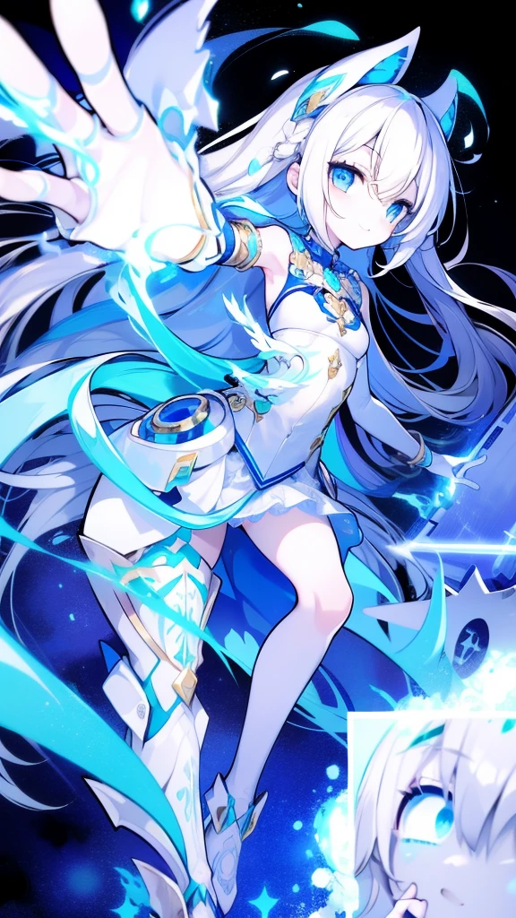 Girl, K HD, 4K, expressionless, anime style, blue eyes, white hair, ((full body)), puzzled eyes, (deformer character) Masterpiece, highest quality, ultra-definition, 4K, ultra-definition illustration, high resolution Beautiful face and eyes , light blue color scheme, lighting, fantasy, solemn atmosphere, long hair, waving hair, smile, fighting posture, dynamic pose, particle light, luminescence, plasma, electric current, blue flame, sense of depth, dynamic angle,