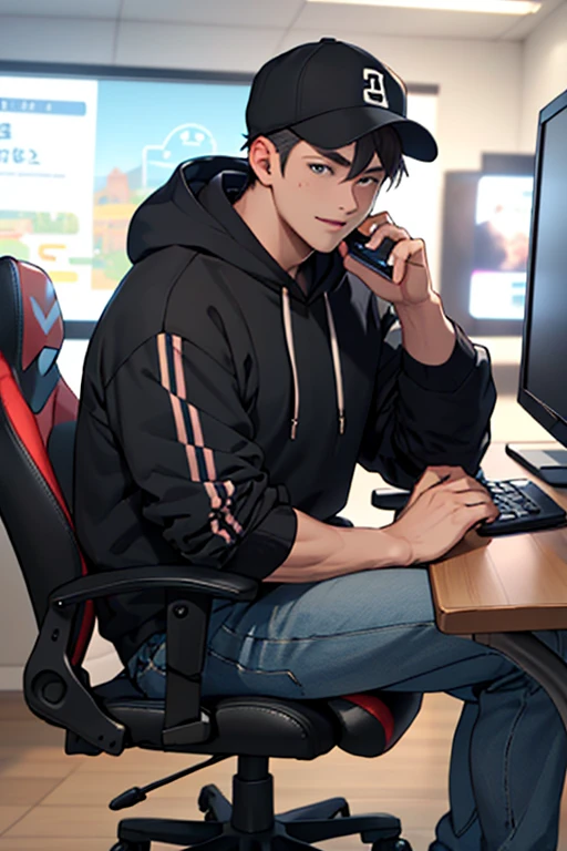 ((best quality)), ((masterpiece)), (detailed), perfect face, boy wearing cap, black hoodie , Sitting On Gaming Chair, Playing Mobile Phone, enthusiasm face, Determine, Chubby, cute figure