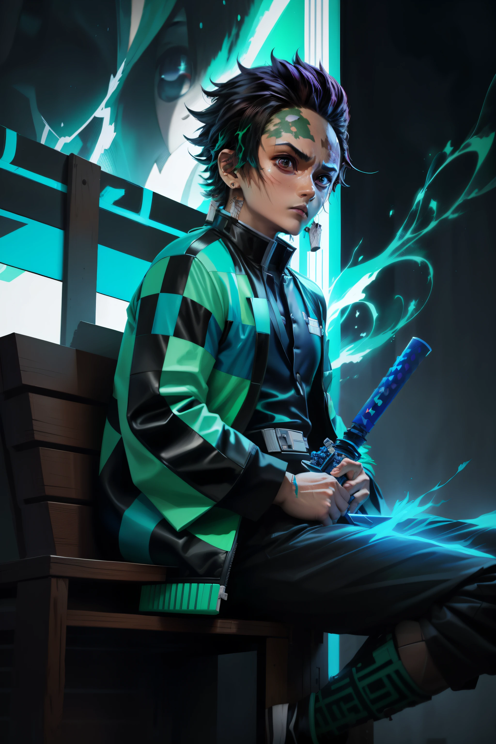 tanjiro wearing light green cyberpunk jacket, blue sword, blue fire and aura around him, cyberpunk theme, 4k, ultra sharp