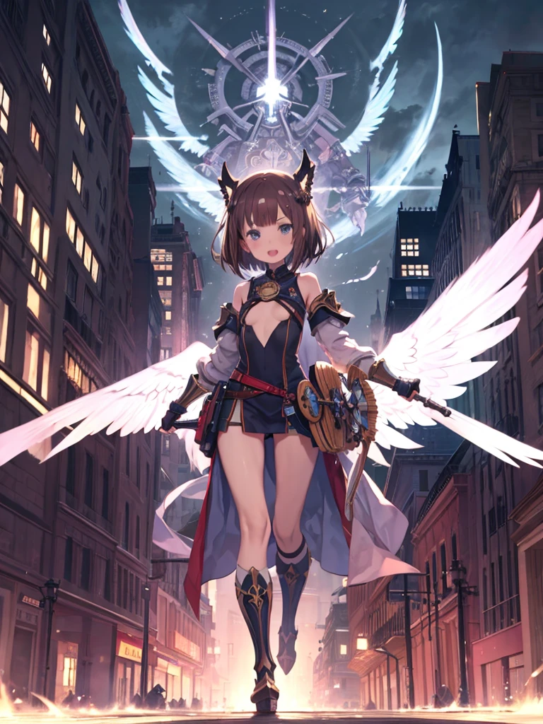 Fantasy, 1angel_girl,, ,Brown_hair, Moderate_Bob_hair, length_前hair, Hello,just_shoulder,Knee socks,Silver_armor, Waist_armor, big_chest,anger,Grin,Open_mouth_teeth, 1pair_wing, dynamic_Pause_Finding,floating, just_share, headgear,Gauntlet, Shin Guards,city_background,Slightly_Spread the word_feet, alone, share間_naked,