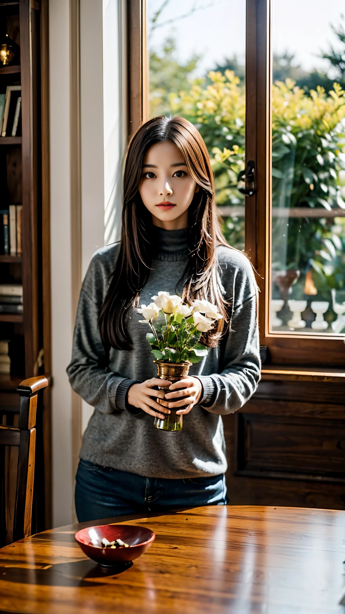 (highest quality, 8k, tabletop, Ultra HD), (Realistic), , (Sharp focus), ((Highest Resolution)), ((1 girl: 1.3)) 20-year-old, architecture, Book, Bookshelf, Bowl Candle, flower, Have, indoor, length, hair, red, flower, red rose, Rose Landscape, scroll, table, flower瓶, window,