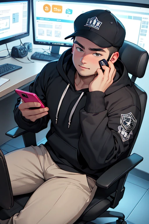 ((best quality)), ((masterpiece)), (detailed), perfect face, boy wearing cap, black hoodie , Sitting On Gaming Chair, Playing Mobile Phone, enthusiasm face, Determine, Chubby face, cute figure, fat body