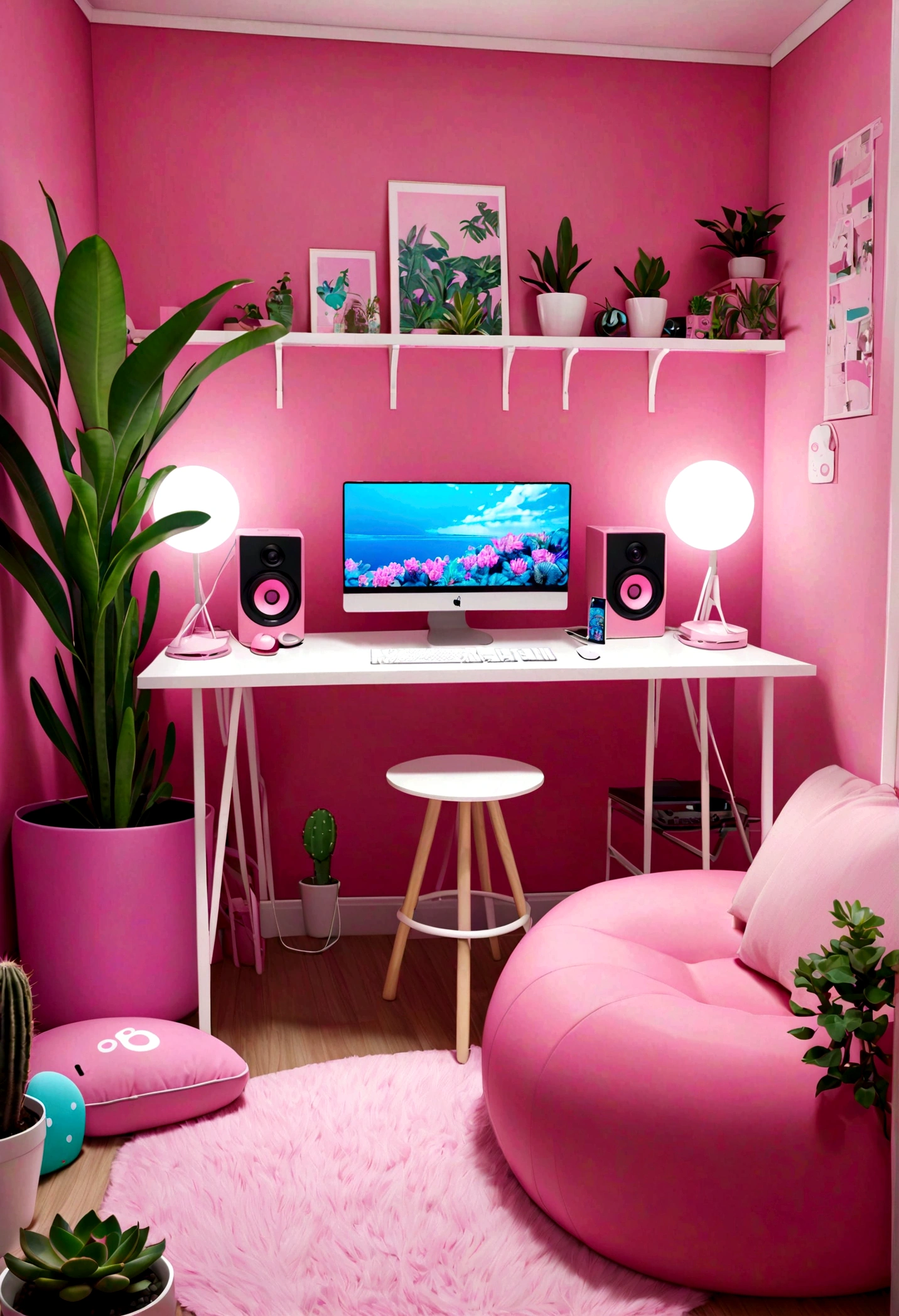 Score_9, score_8_up, score_7_up, Pink Game room, realistic,  pink, led lights, blue accents, naked girl gaming and rides a dildo,, headset, computer, cute accents, cute decorations, plants, keyboard, computer mouse, pink sofa, pink cushions, cactuses, pink wallpaper, rear view, full body,