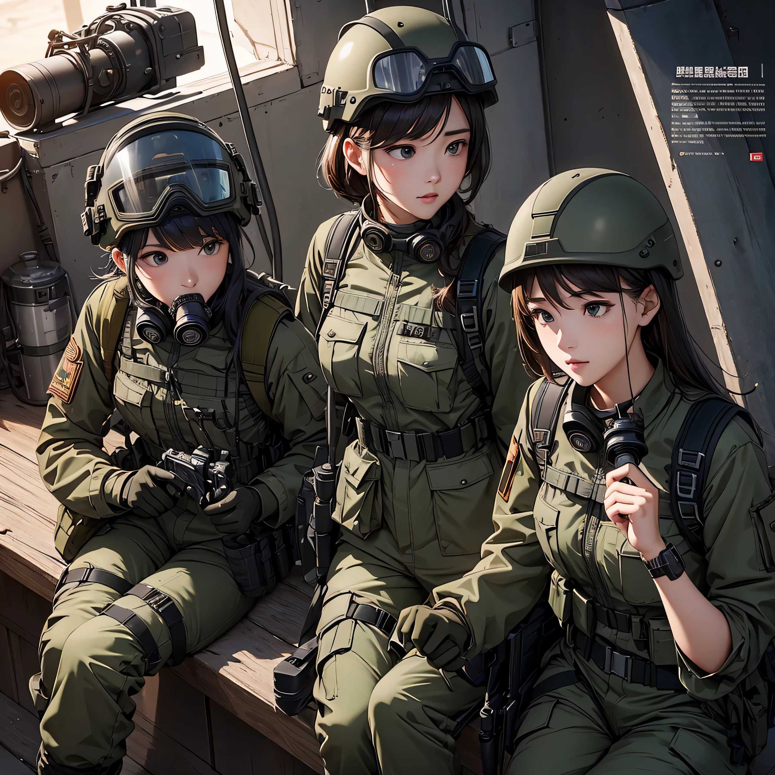 Three female soldiers wearing special forces helmets、sleep、Top view、M51 Military Uniform、military trousers、Magazine Pouch、Tactical harness、Gas Mask、Write details、masterpiece、best quality、Highly detailed CG、8K picture quality、theater lighting、lens flare