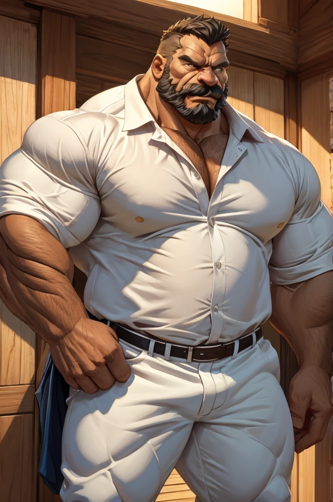 extremely huge muscular, massive muscular, full-body, well-muscled old man in a white shirt. extremely muscle size, thick arms, huge pectoral, huge arms, Make sure the resulting image has a cartoonish look, vibrant colors and smooth edges. Add details to give the old man an angry look, such as furrowed brows and a tight mouth. Make sure that the black shirt striped with white is an important element of the image, and add details to make it attractive and interesting. Add textures and details to make the image more realistic, such as the appearance of the shirt texture and the appearance of the skin. Make sure the resulting image is high resolution, 8K quality."