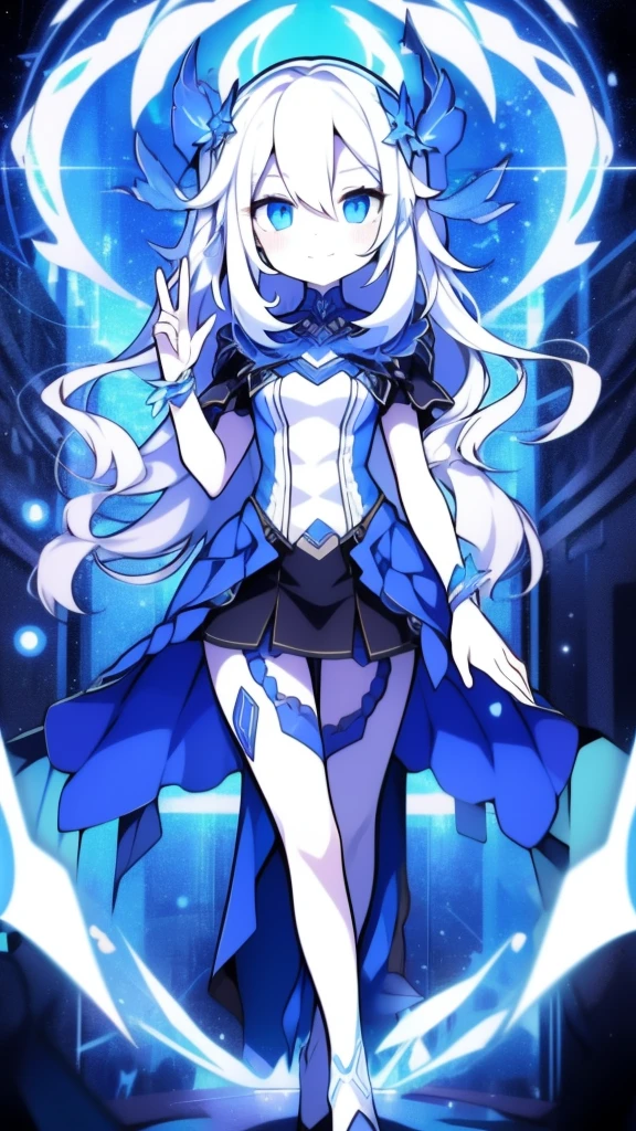 Girl, K HD, 4K, expressionless, anime style, blue eyes, white hair, ((full body)), puzzled eyes, (deformer character) Masterpiece, highest quality, ultra-definition, 4K, ultra-definition illustration, high resolution Beautiful face and eyes , light blue color scheme, lighting, fantasy, solemn atmosphere, long hair, waving hair, smile, fighting posture, dynamic pose, particle light, luminescence, plasma, electric current, blue flame, sense of depth, dynamic angle,