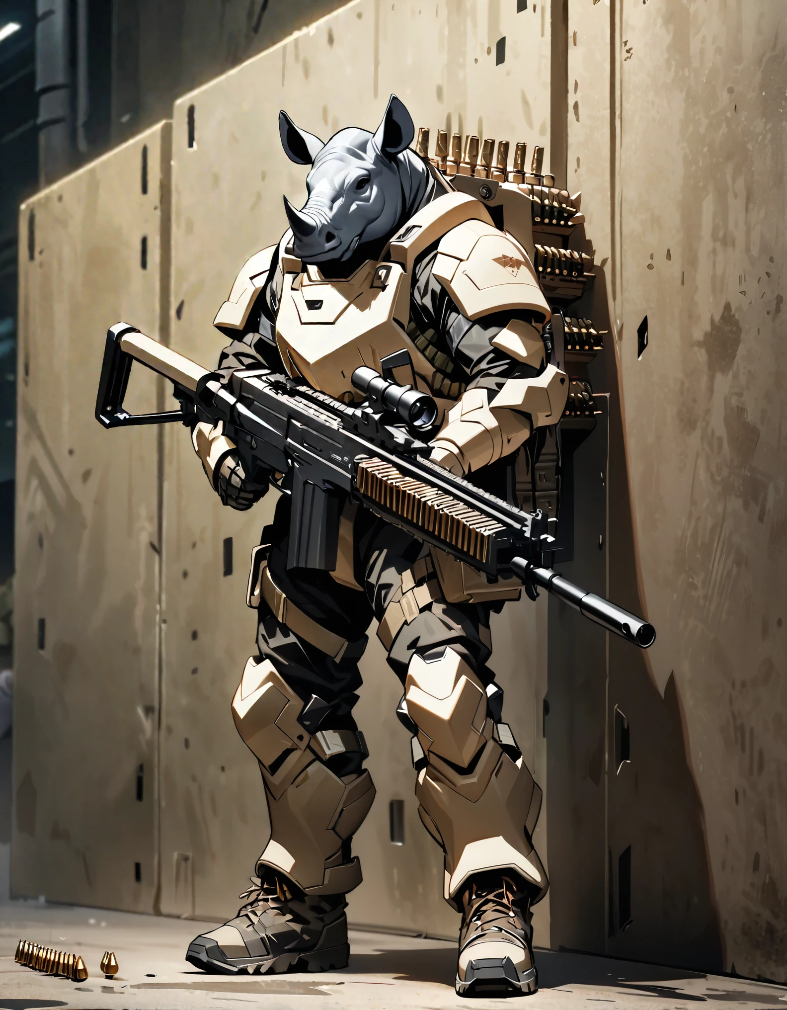 masterpiece, best quality, male focus (solo, solo focus), humanoid, rhino, rhino's head, armored suit, ammunition belt, holding a machine gun, m249, holding a gun, standing, smug, combat boots, bank backdrop, bank robber, mutant, no humans
