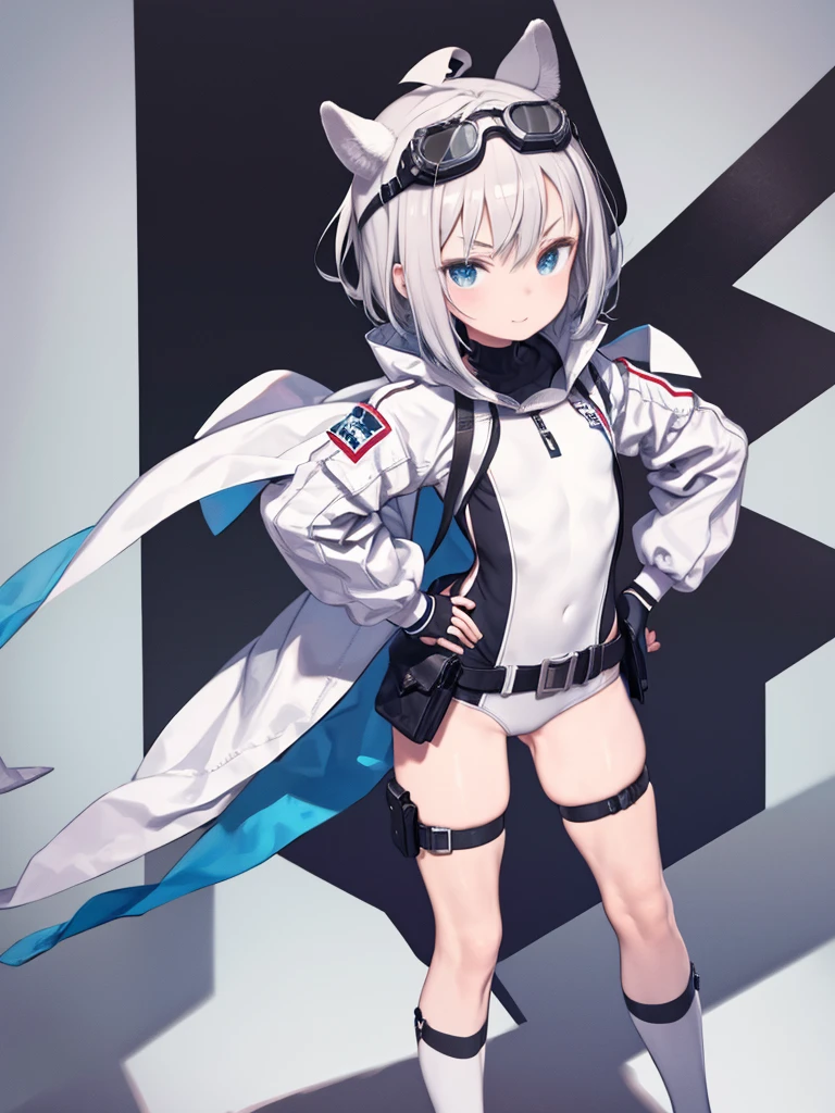 masterpiece, highest quality, translator, Put goggles on your head, White jacket, White leotard, belt, Thigh straps, Fingerless gloves, From above, smile, Frowning, Put your hands on your hips, Forced perspective