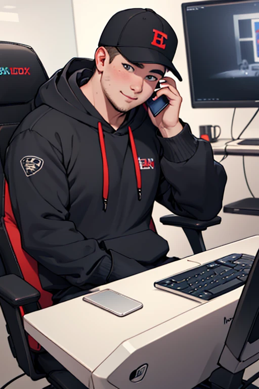 ((best quality)), ((masterpiece)), (detailed), perfect face, boy wearing cap, black hoodie , Sitting On Gaming Chair, Playing Mobile Phone, enthusiasm face, Determine, Chubby face, cute figure, obese body