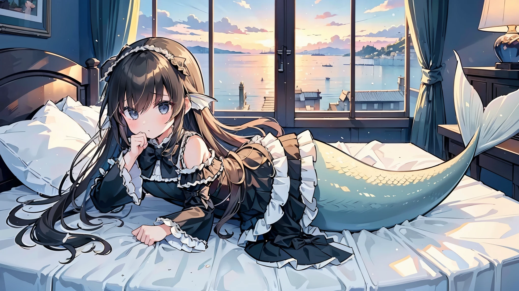 masterpiece, best quality,ghost belle,Mermaid,A girl,Hair between the eyes,Very long hair,black eyes,Hair Bow,Black Hair,Wide sleeves,Black dress,Blue bow,Ruffle dress,Ruffled sleeves,solo,黑色的Mermaid尾巴,full-body shot,Lying in bed,bedroom,Sea view from the window,