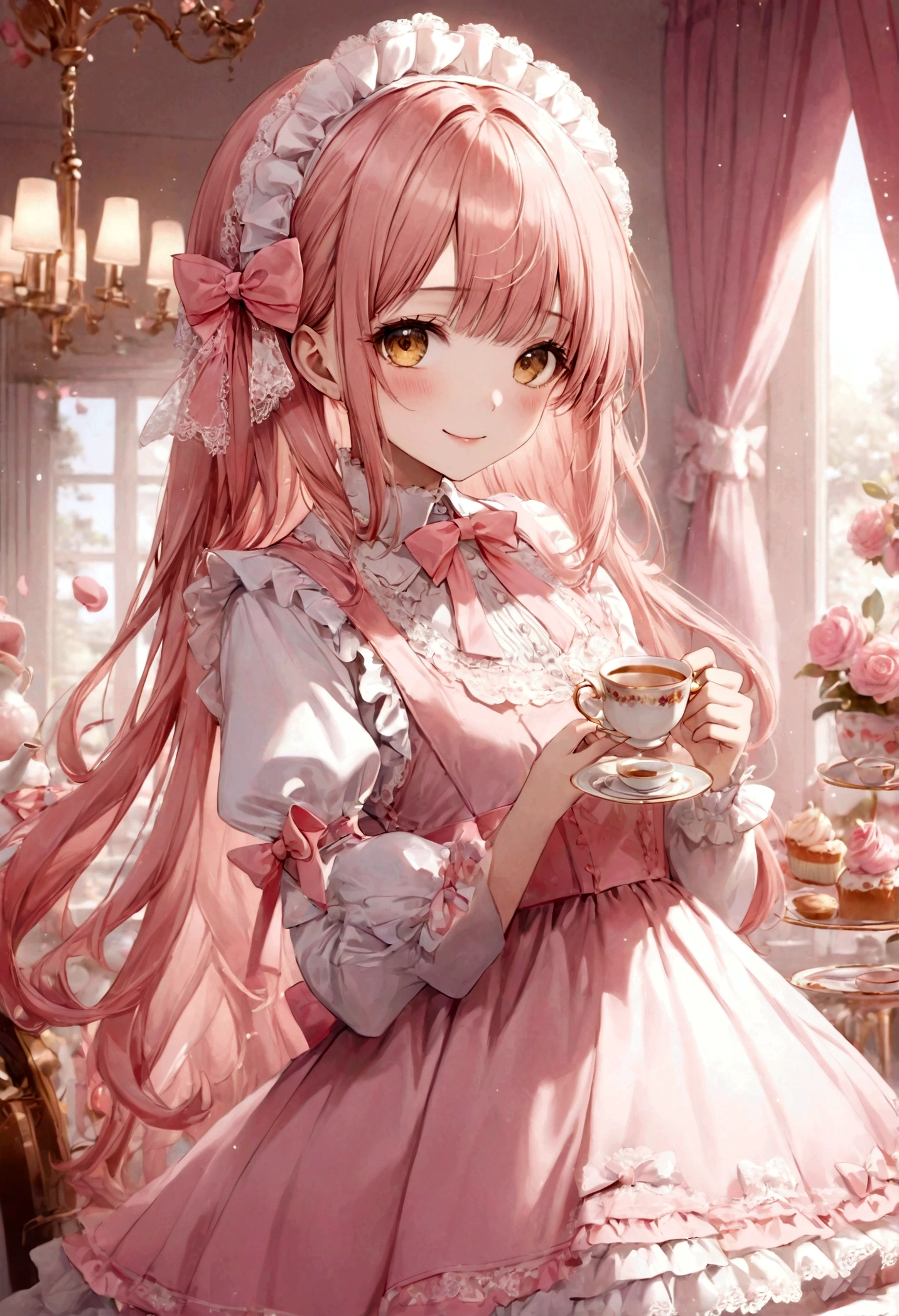 ((top-quality)), ((masterpiece)), ((ultra-detailliert)), (extremely delicate and beautiful), peach pink hair, long straight hair, golden eyes, cute woman, wearing pink lolita dress, lolita dress with lace, cute smile, pink sash bows, tea party background