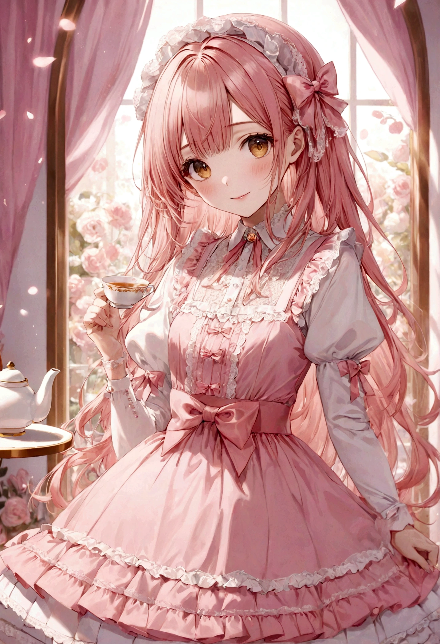 ((top-quality)), ((​masterpiece)), ((ultra-detailliert)), (extremely delicate and beautiful), peach pink hair, long straight hair, golden eyes, cute woman, wearing pink lolita dress, lolita dress with lace, cute smile, pink sash bows, tea party background