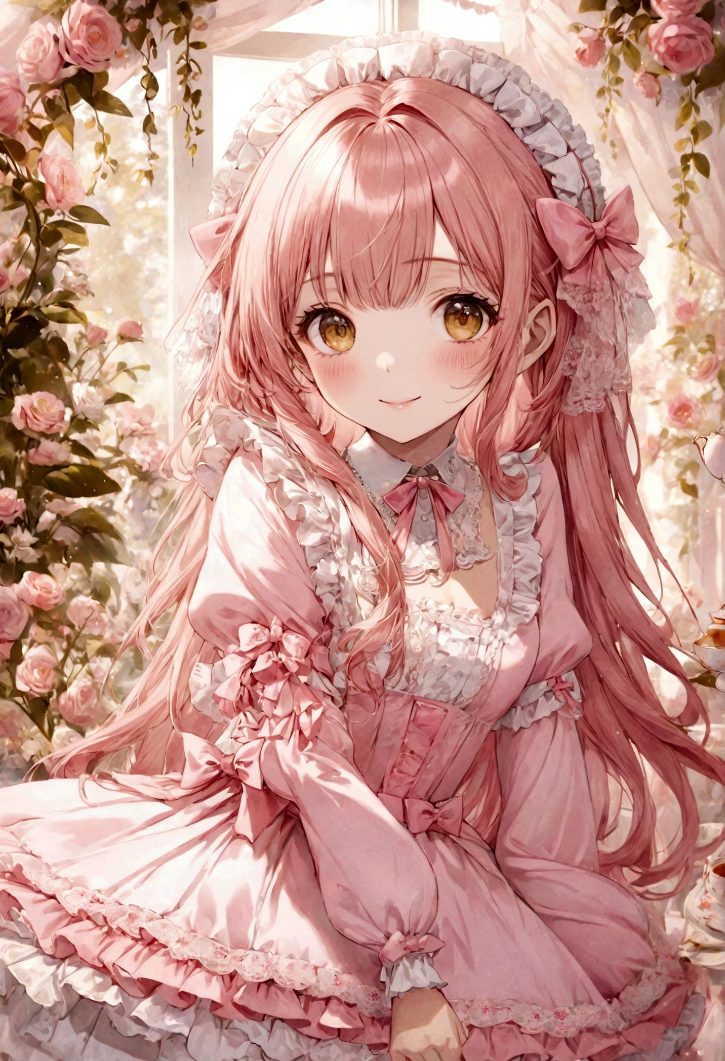 ((top-quality)), ((​masterpiece)), ((ultra-detailliert)), (extremely delicate and beautiful), peach pink hair, long straight hair, golden eyes, cute woman, wearing pink lolita dress, lolita dress with lace, cute smile, pink sash bows, tea party background