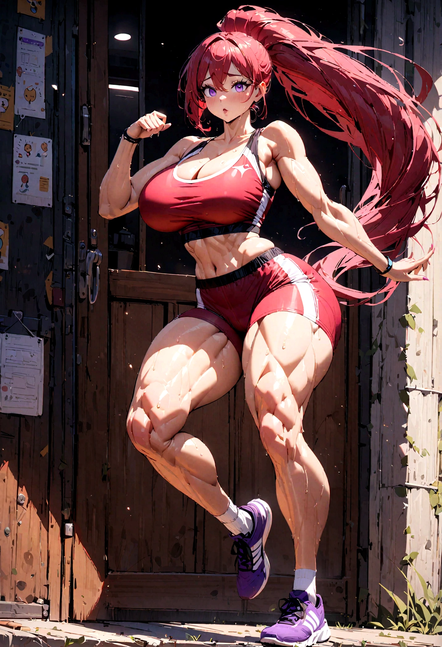 awesome details, perfect face, expressive eyes, full body, extra large breasts, fit thighs, very long ponytail, purple eyes, crimson hair, sport top, tight sport shorts, cleavage,