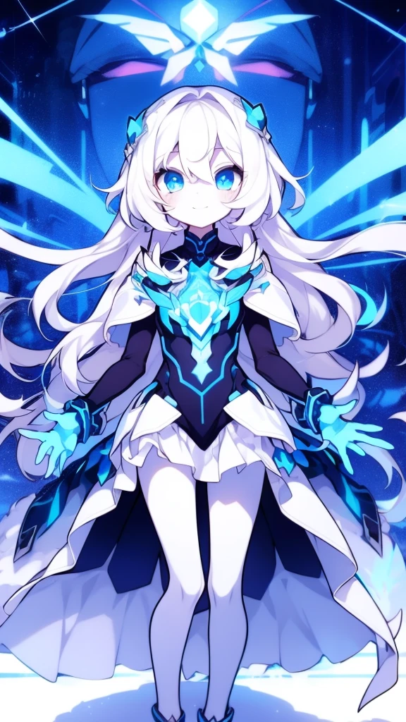 Girl, K HD, 4K, expressionless, anime style, blue eyes, white hair, ((full body)), puzzled eyes, (deformer character) Masterpiece, highest quality, ultra-definition, 4K, ultra-definition illustration, high resolution Beautiful face and eyes , light blue color scheme, lighting, fantasy, solemn atmosphere, long hair, waving hair, smile, fighting posture, dynamic pose, particle light, luminescence, plasma, electric current, blue flame, sense of depth, dynamic angle,