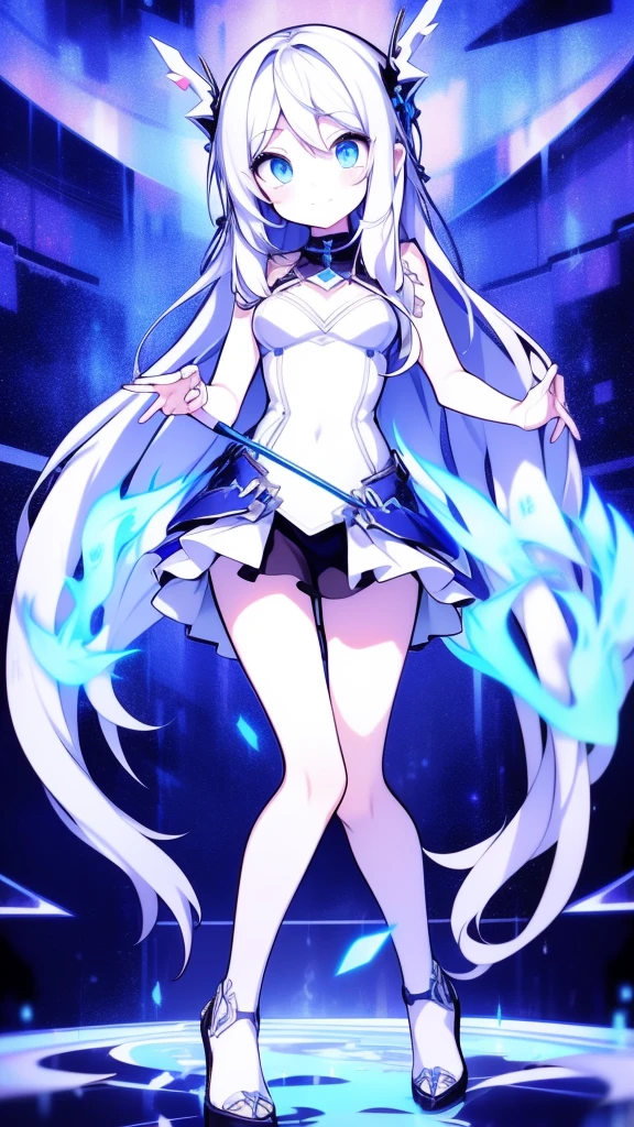 Girl, K HD, 4K, expressionless, anime style, blue eyes, white hair, ((full body)), puzzled eyes, (deformer character) Masterpiece, highest quality, ultra-definition, 4K, ultra-definition illustration, high resolution Beautiful face and eyes , light blue color scheme, lighting, fantasy, solemn atmosphere, long hair, waving hair, smile, fighting posture, dynamic pose, particle light, luminescence, plasma, electric current, blue flame, sense of depth, dynamic angle,