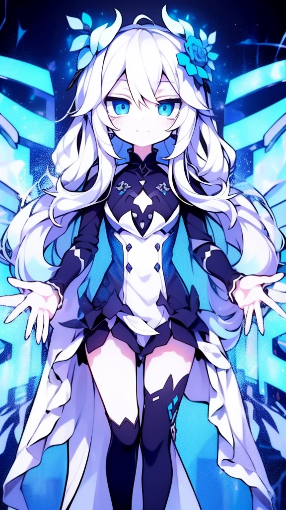 Girl, K HD, 4K, expressionless, anime style, blue eyes, white hair, ((full body)), puzzled eyes, (deformer character) Masterpiece, highest quality, ultra-definition, 4K, ultra-definition illustration, high resolution Beautiful face and eyes , light blue color scheme, lighting, fantasy, solemn atmosphere, long hair, waving hair, smile, fighting posture, dynamic pose, particle light, luminescence, plasma, electric current, blue flame, sense of depth, dynamic angle,
