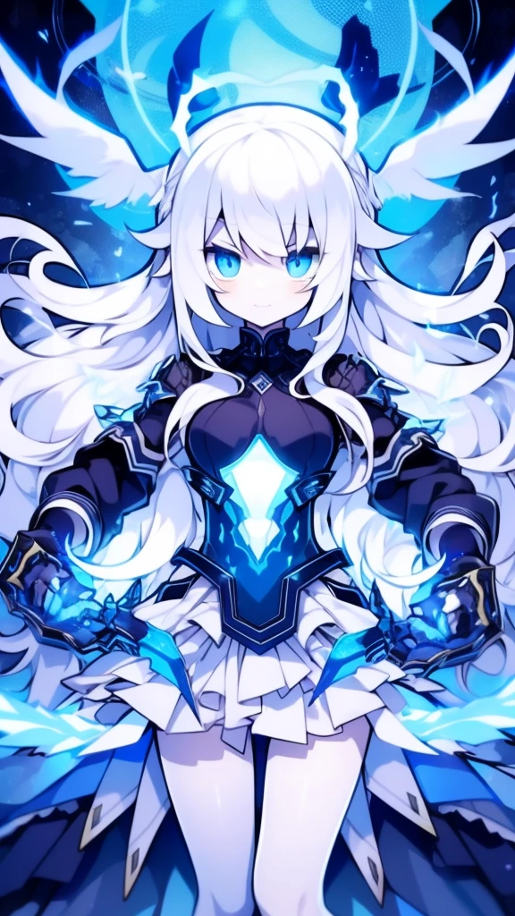 Girl, K HD, 4K, expressionless, anime style, blue eyes, white hair, ((full body)), puzzled eyes, (deformer character) Masterpiece, highest quality, ultra-definition, 4K, ultra-definition illustration, high resolution Beautiful face and eyes , light blue color scheme, lighting, fantasy, solemn atmosphere, long hair, waving hair, smile, fighting posture, dynamic pose, particle light, luminescence, plasma, electric current, blue flame, sense of depth, dynamic angle,